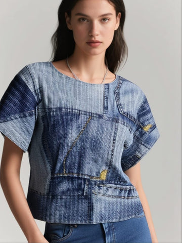 7250008 Denim Blend Pleated Top