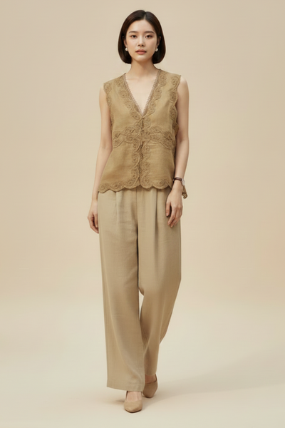 Lace Trim V-Neck Linen Blouse