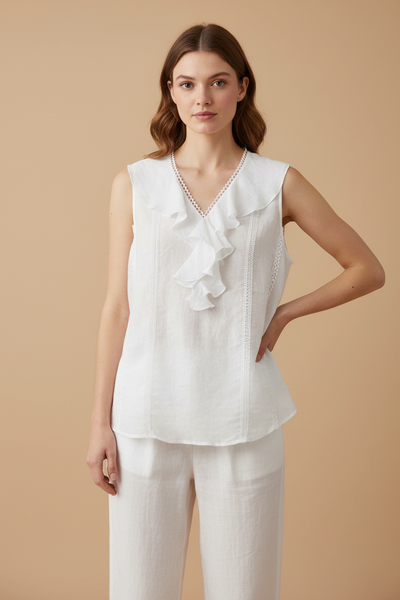 Ruffle-Front Linen Blouse
