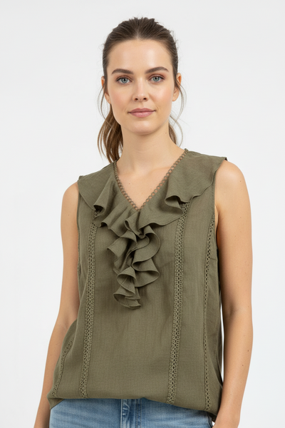 Ruffle-Front Linen Blouse