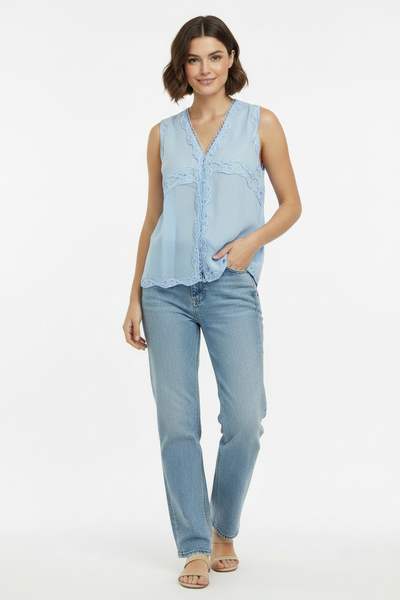 Lace Trim V-Neck Linen Blouse
