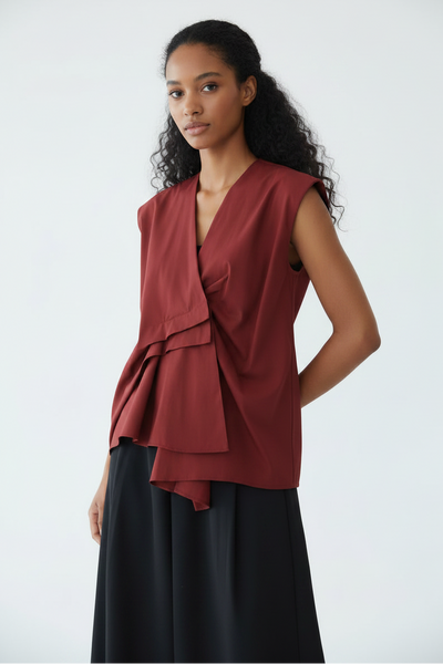 Layered Wrap Design V-Neck Blouse
