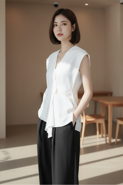 Layered Wrap Design V-Neck Blouse