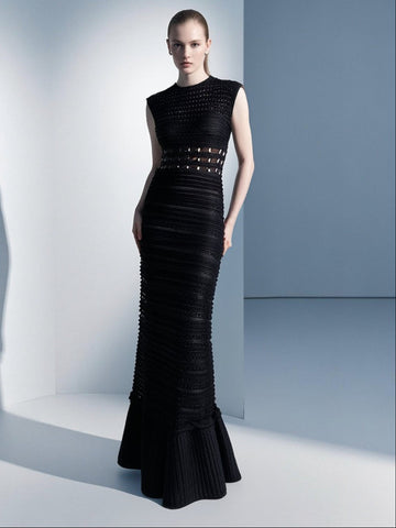 Stripes Ruffle Hem Studs Maxi Dress