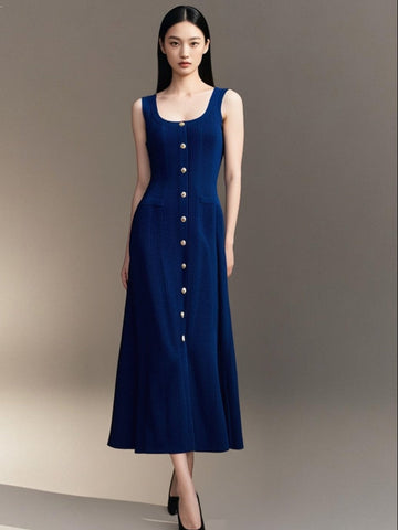 Square Neckline Fitted Bodice Knit Dress