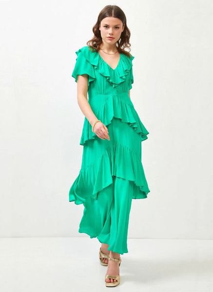 2230066 V-Neck Ruffled Layered Dress *Green *Last Piece