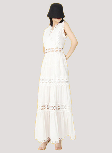 8220014 Eyelet Embroidery Sleeveless Maxi Dress *White